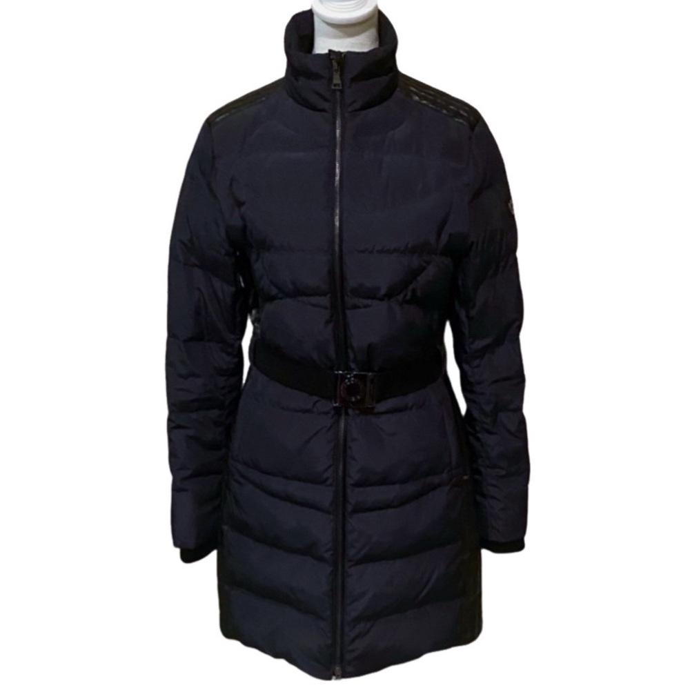 Orobo’s Long Women's Black Puffer Coat with Belted Waist. Size M. Navy/Black.